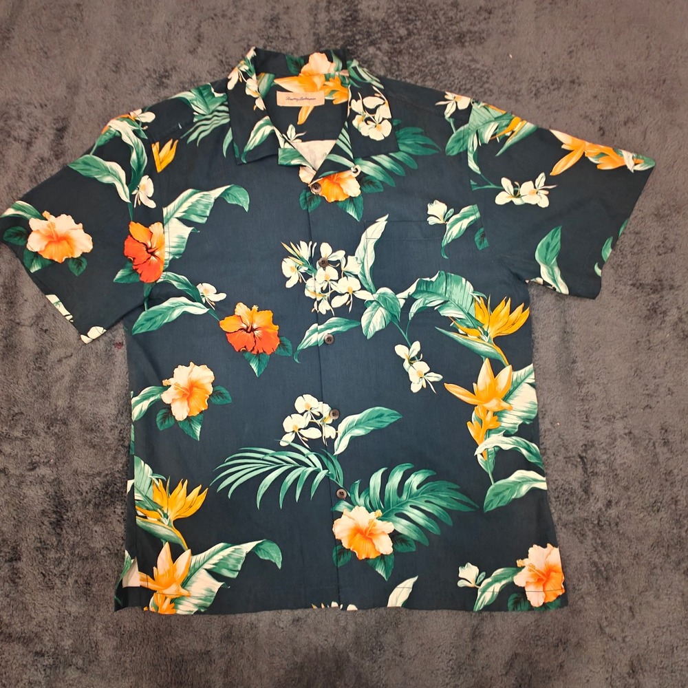 Tommy Bahama Mens Silk Floral Camp Shirt Teal Tropical Hibiscus Loop Collar L